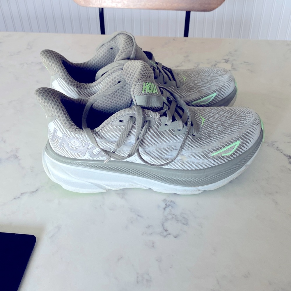 Hoka Gray and Light Green Athletic Shoes